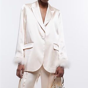 Cream Satin Feather Cuff Blazer- Holiday Ready!